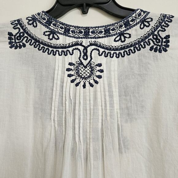 Max Edition Boho Peasant Style Blouse S Ivory Blue Embroidery Lg Beaded Pom Tie - Picture 5 of 11